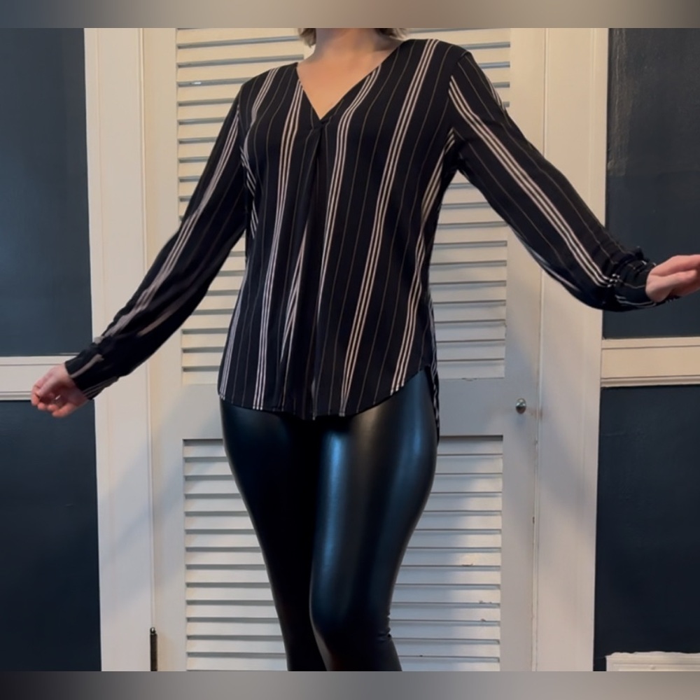 Ann Taylor long sleeve blue and pink striped blouse with deep v- neck cut -S